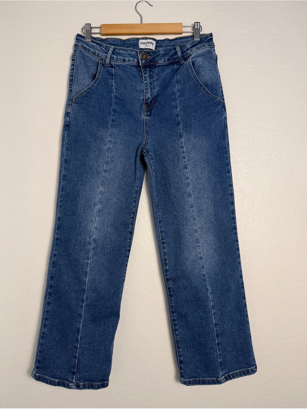 SandPiper Womens 14P denim Jeans medium Blue Wash Bootcut slash pockets stretchy